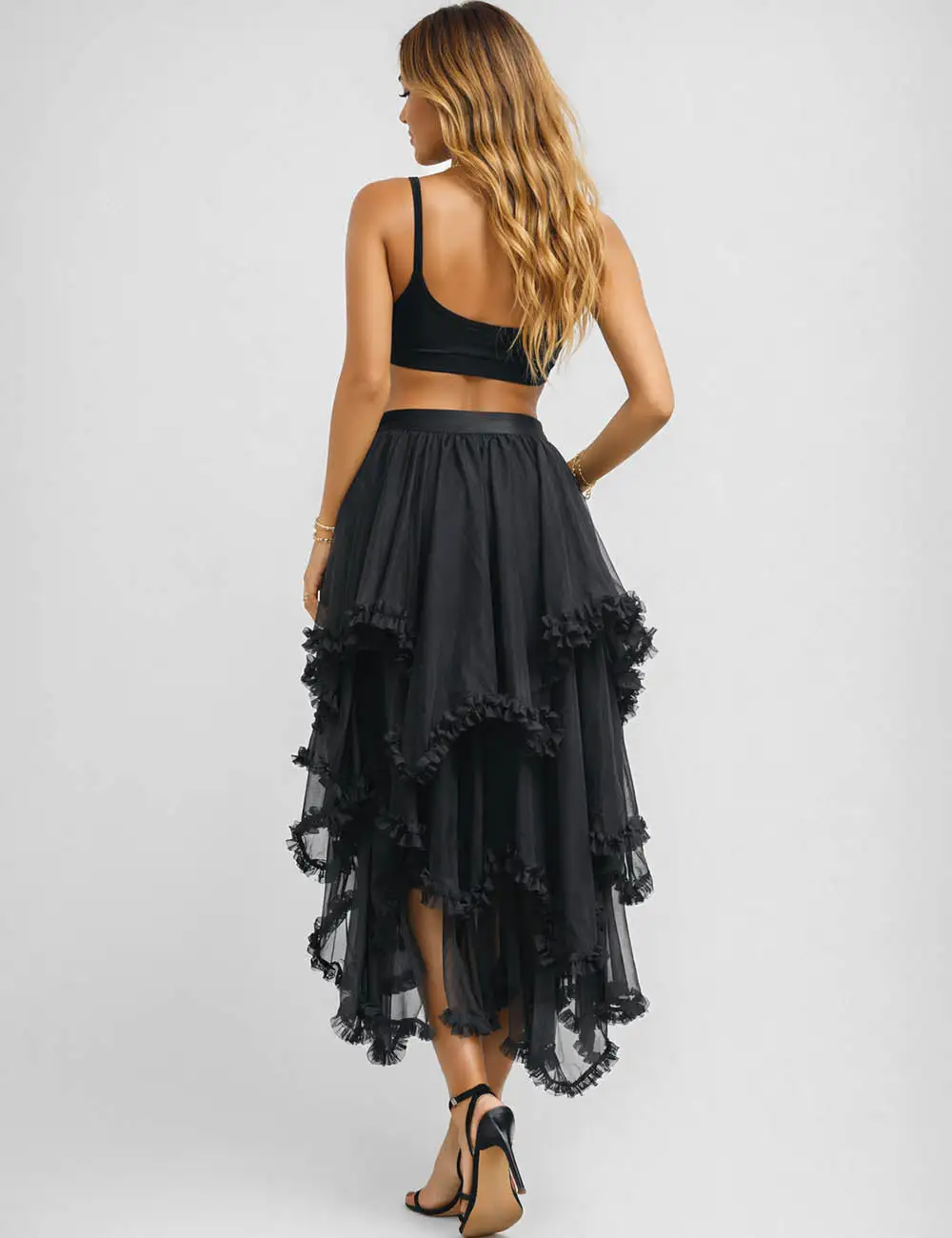 Sheer Mesh Elastic Waist Tiered Ruffle Midi Skirt