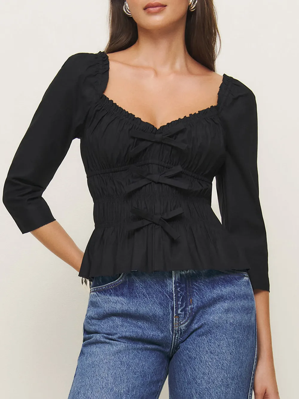 Ruched Square Neck Three Quarter Sleeve Blouse