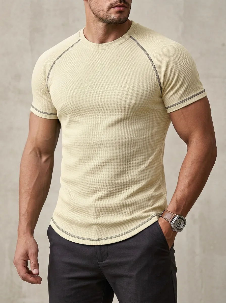 Classic Waffle Knit Ribbed Textured Textured Look Men's Slim Fit Short Sleeve T-Shirt