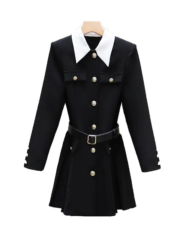 Elasticated Waist Long Sleeve Belted Buttoned Contrast Color Pleated Single Breasted