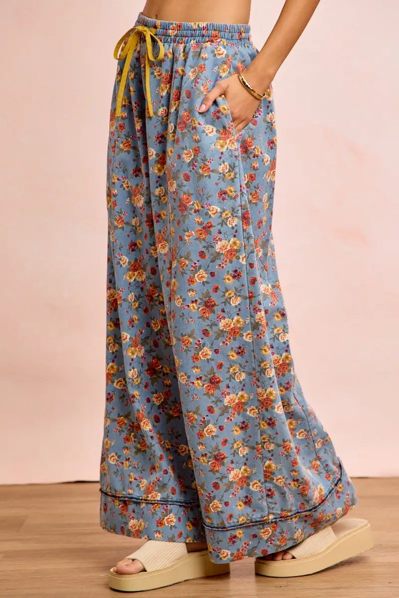 Sequin Floral Print Wide Leg Relaxed Fit Pants