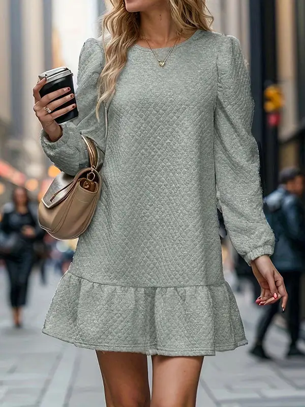 A Line Long Sleeve Jacquard Pleated Solid Color Split Joint Round