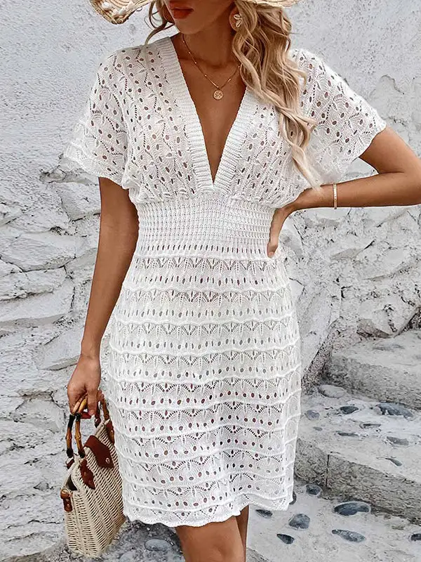 Relaxed Short Sleeve Hollow See Through Solid Color Deep V Neck