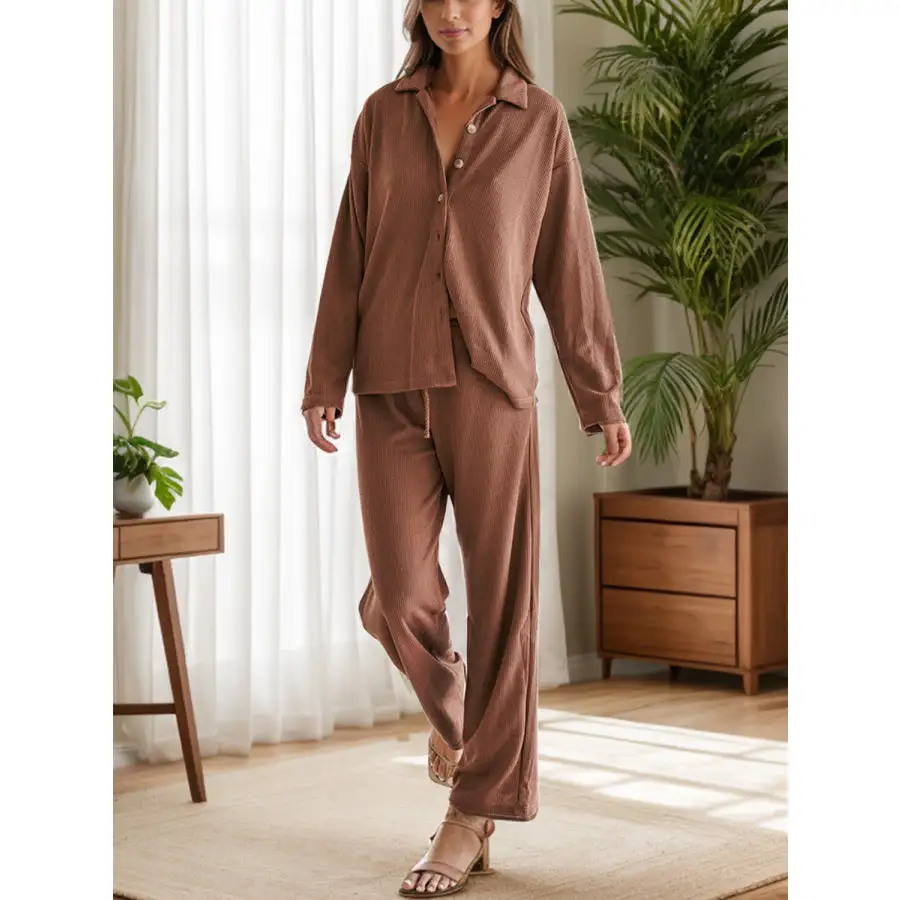 Collared Neck Long Sleeve Top and Drawstring Pants Set