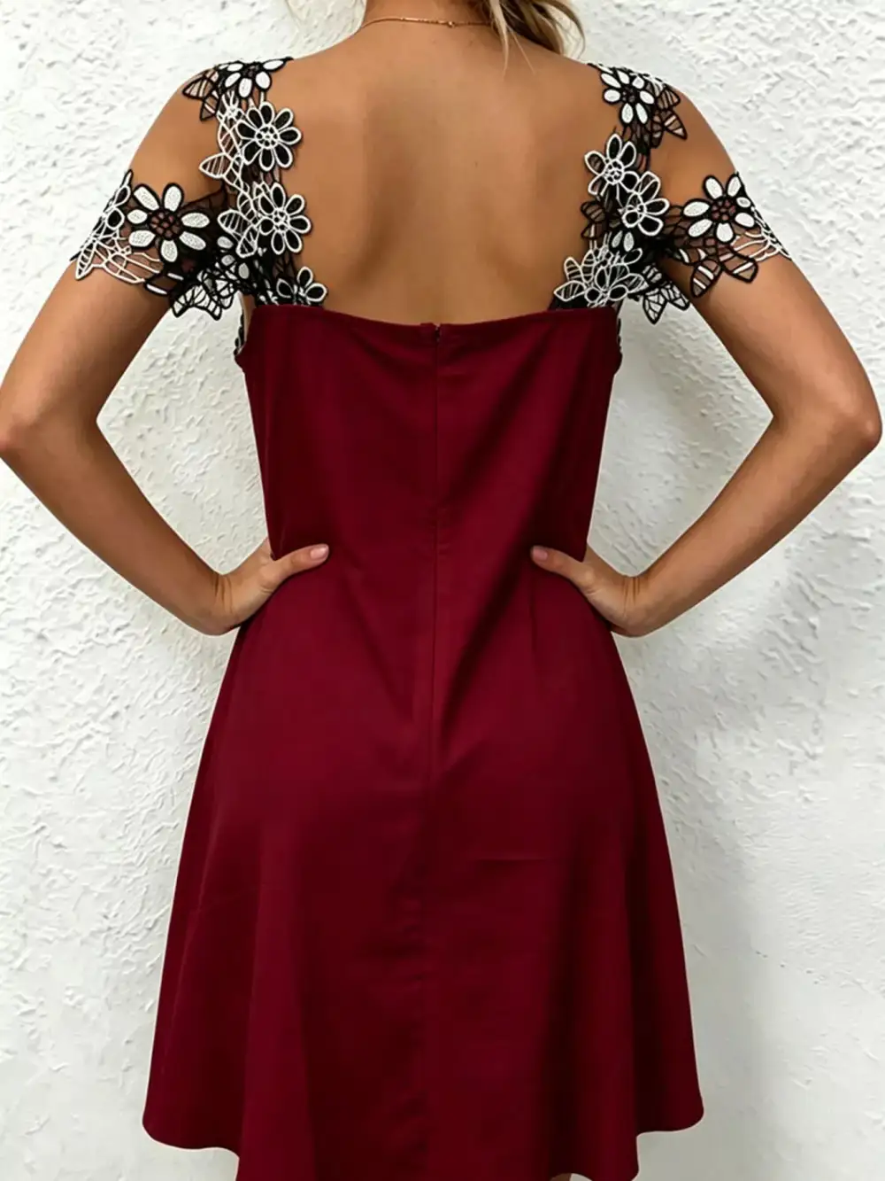 Lace Floral Trim Cold Shoulder Mini Dress