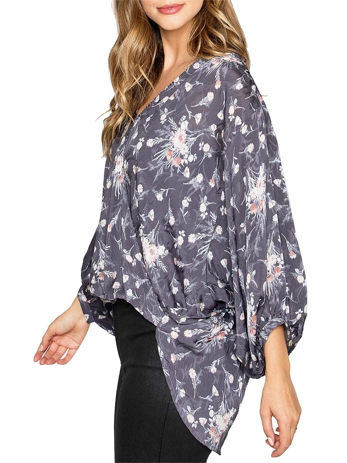 Gray Floral Print Bell - Sleeve Blouse