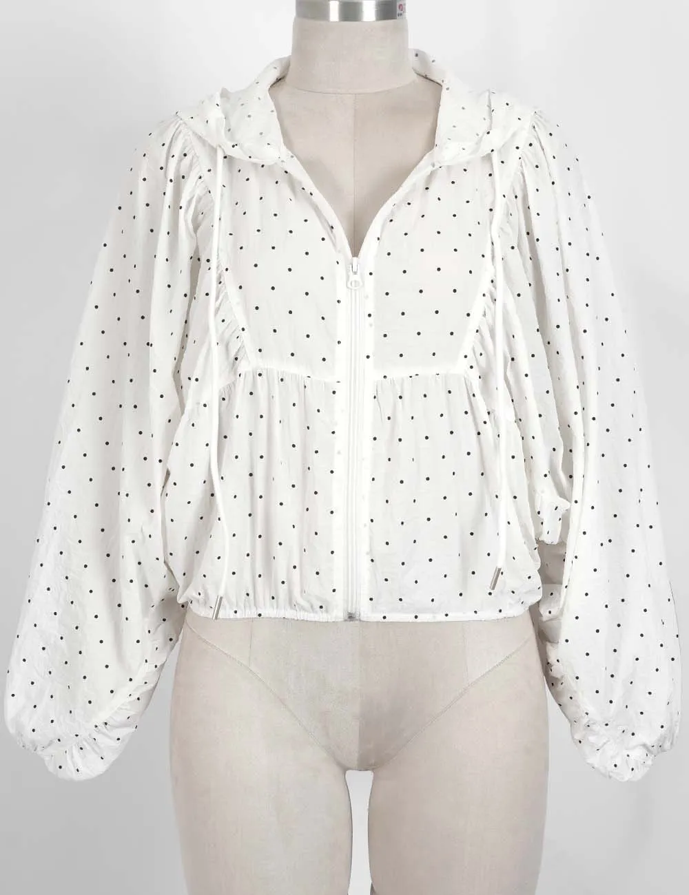 Polka Dot Hooded Zip Up Cropped Lightweight Jacket