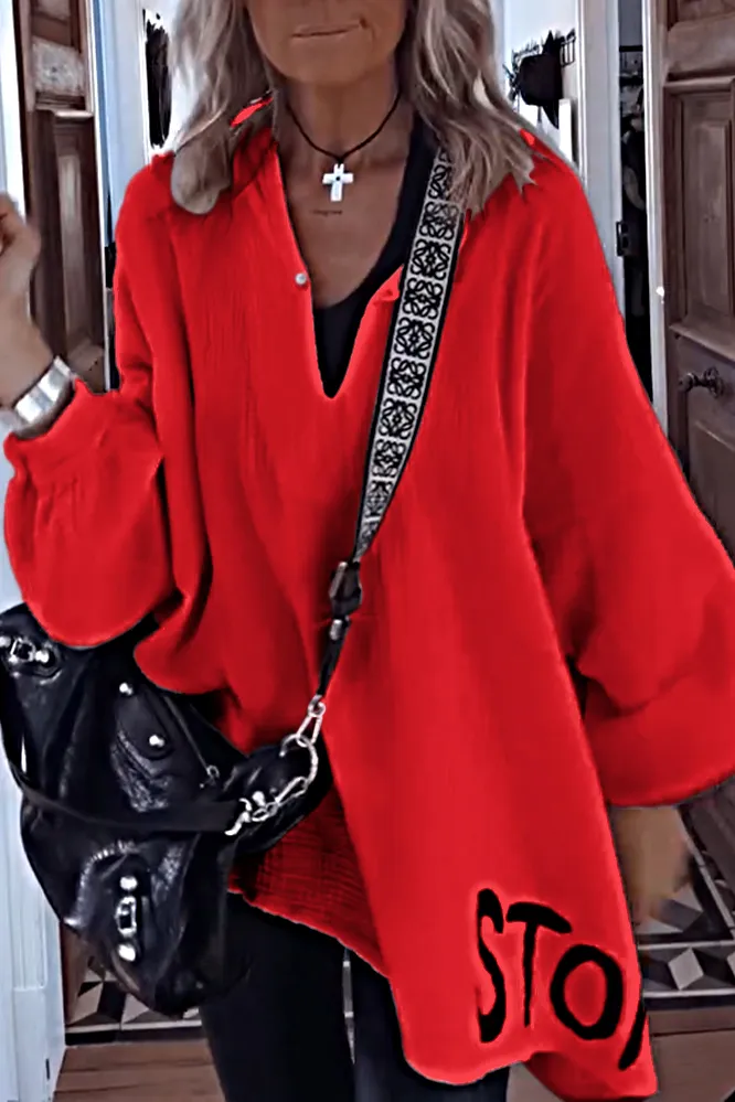 9PACK-Women'S Letter Cotton And Linen Casual Long-Sleeved Top