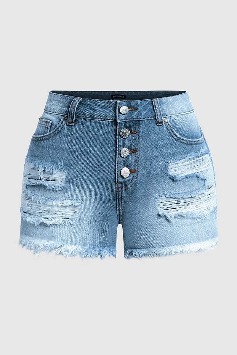 Button Fly Distressed Raw Hem Denim Shorts