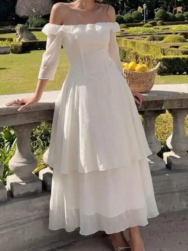 Off-Shoulder Layered Midi Dress