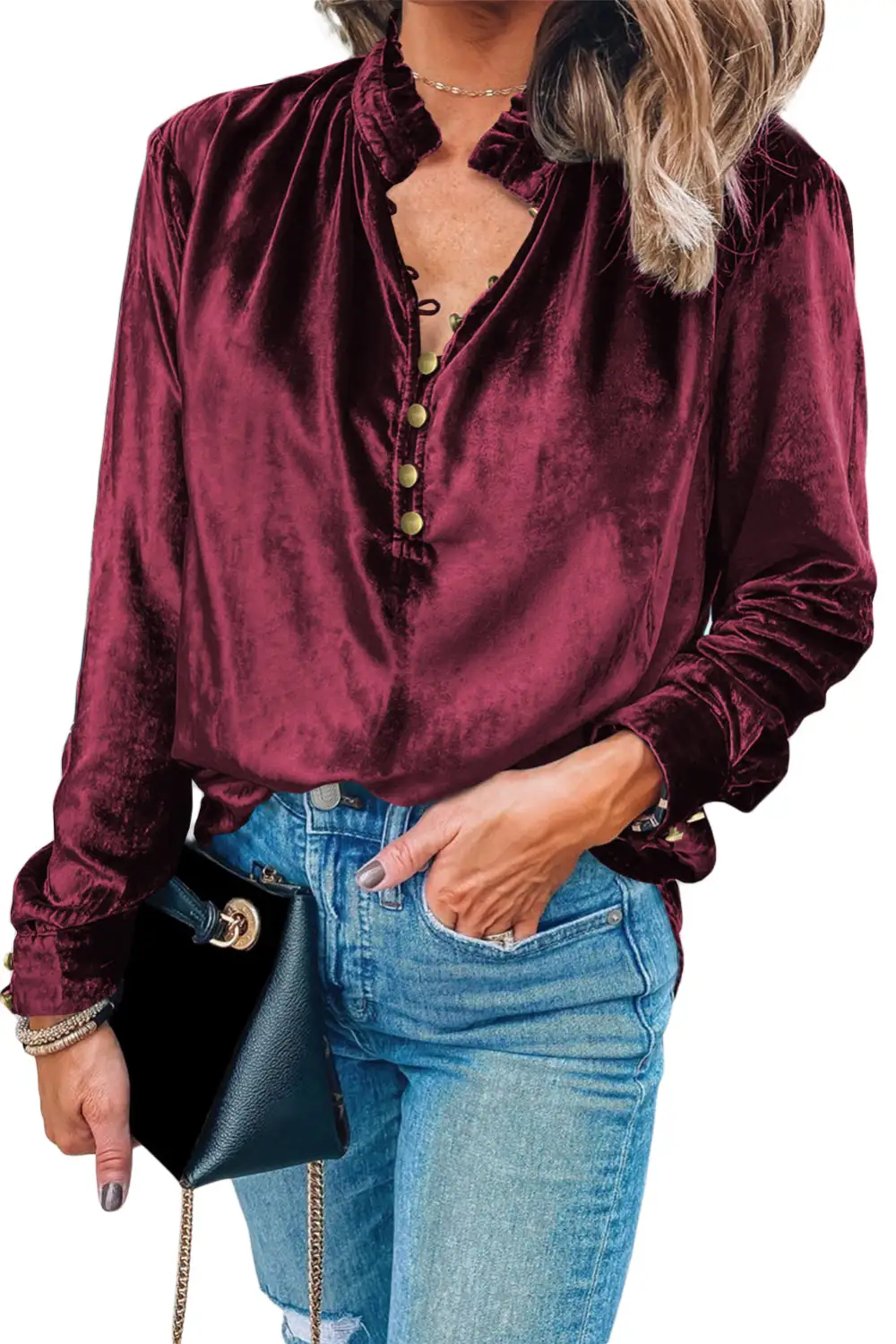 Velvet Frilled Button Front Top