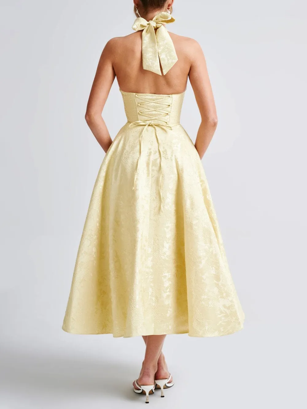 Vintage Elegant Jacquard V Neck Halter Midi Dress