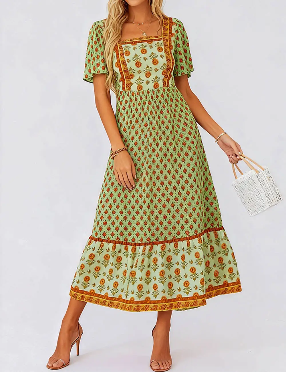 Boho Square Neck Short Sleeves Maxi Dress