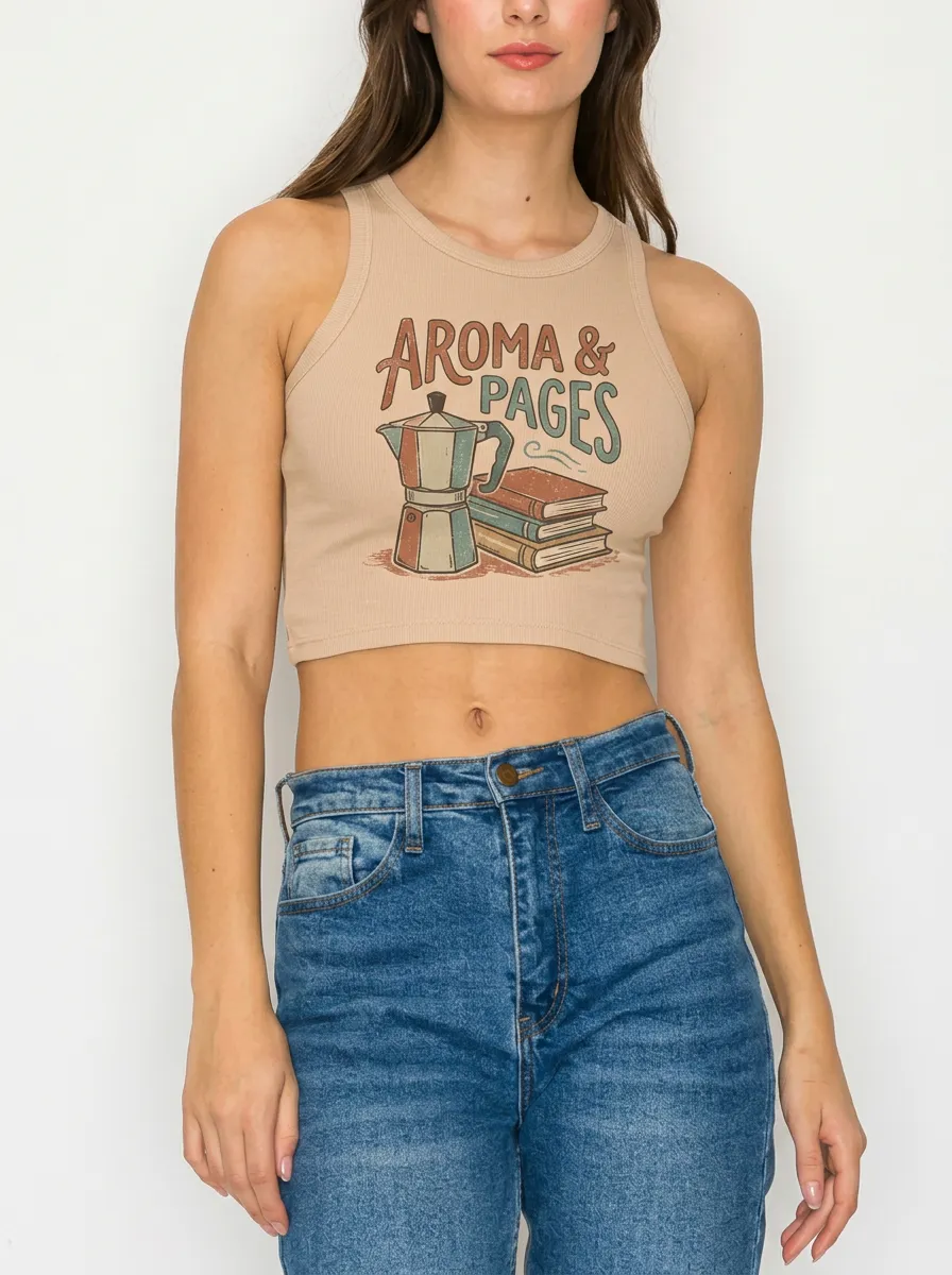 Women's Coffee Book Lover Aroma & Pages Printed Crop Tank Top