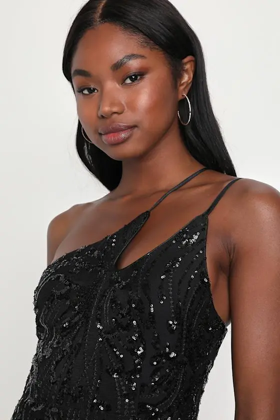 Alluring Shine Black Sequin One-Shoulder Mini Dress