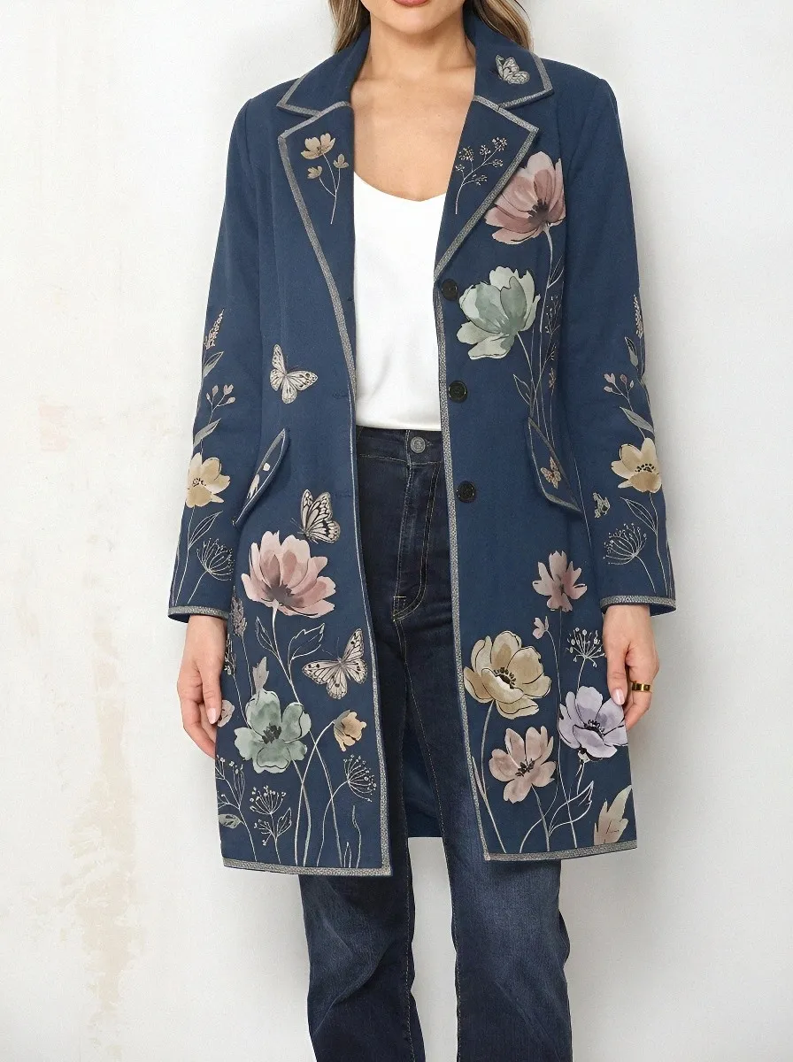 Women's Floral Butterfly Nature Botanical Printed Long Coat