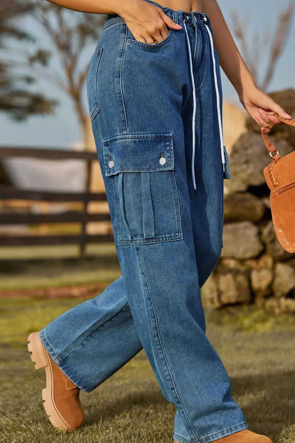 Loose Fit Pocketed Drawstring Denim Jeans