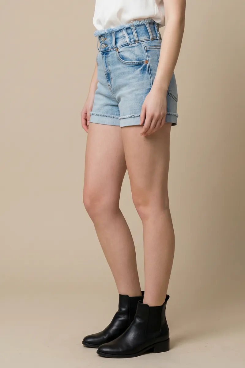 High Rise Frayed Hem Cuffed Denim Shorts
