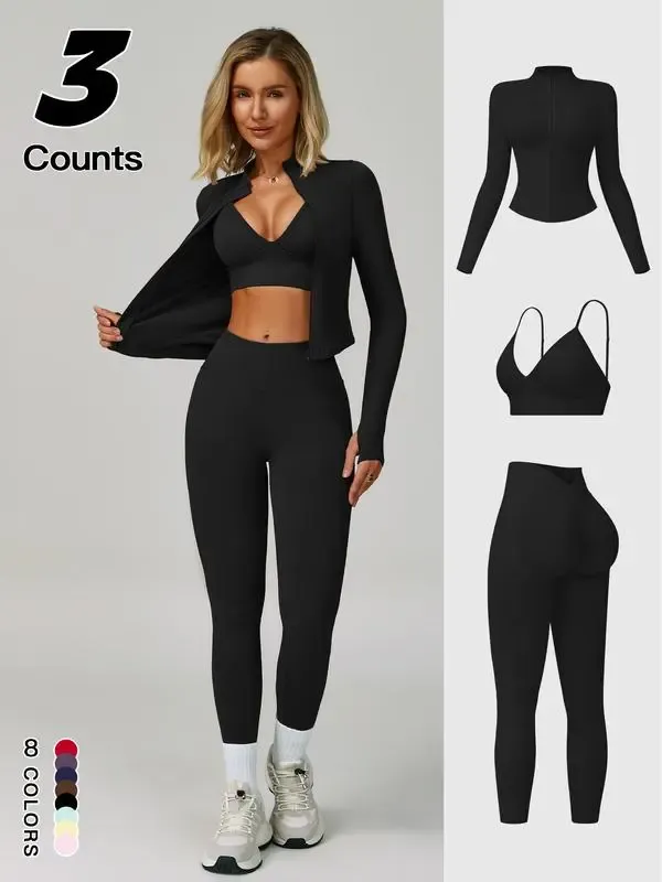 🔥Women's Yoga 3-Piece Jacket Leggings Set🔥8-Pack - All Colors Included, Only $24