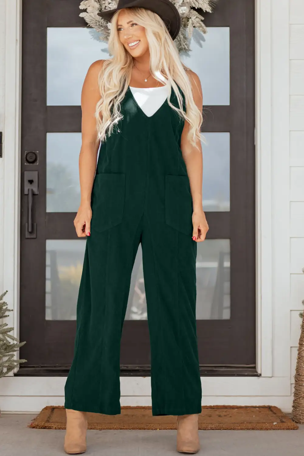Evergreen Corduroy V Neck Patched Pocket Jumpsuit