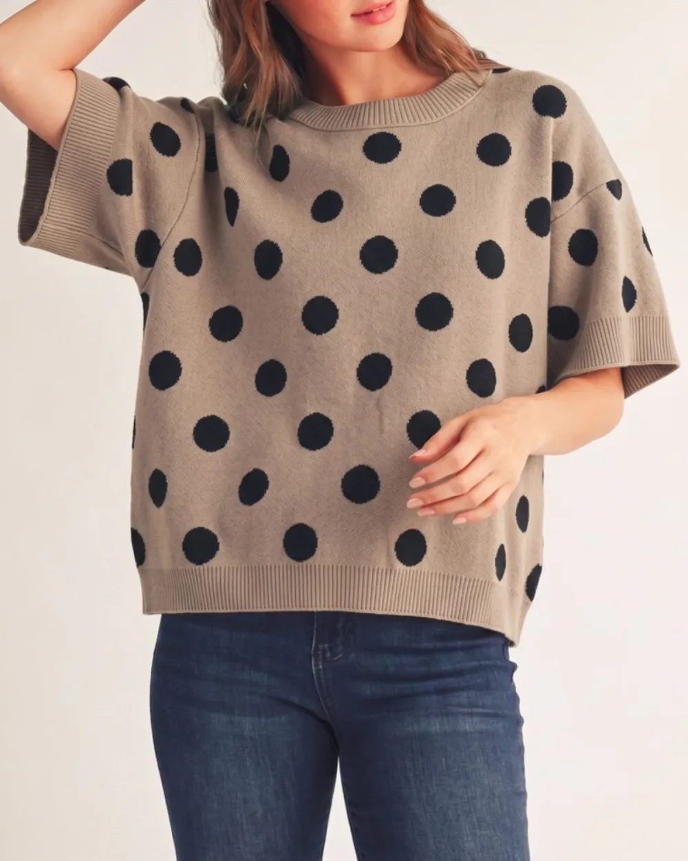 Polka Dot Ribbed Hem Sweater