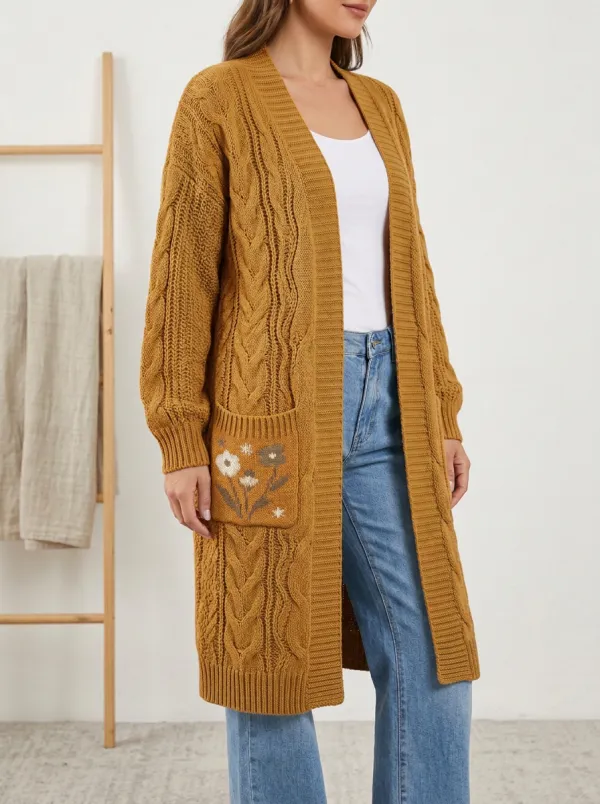 Women's Floral Cable Knit Print Long Cardigan