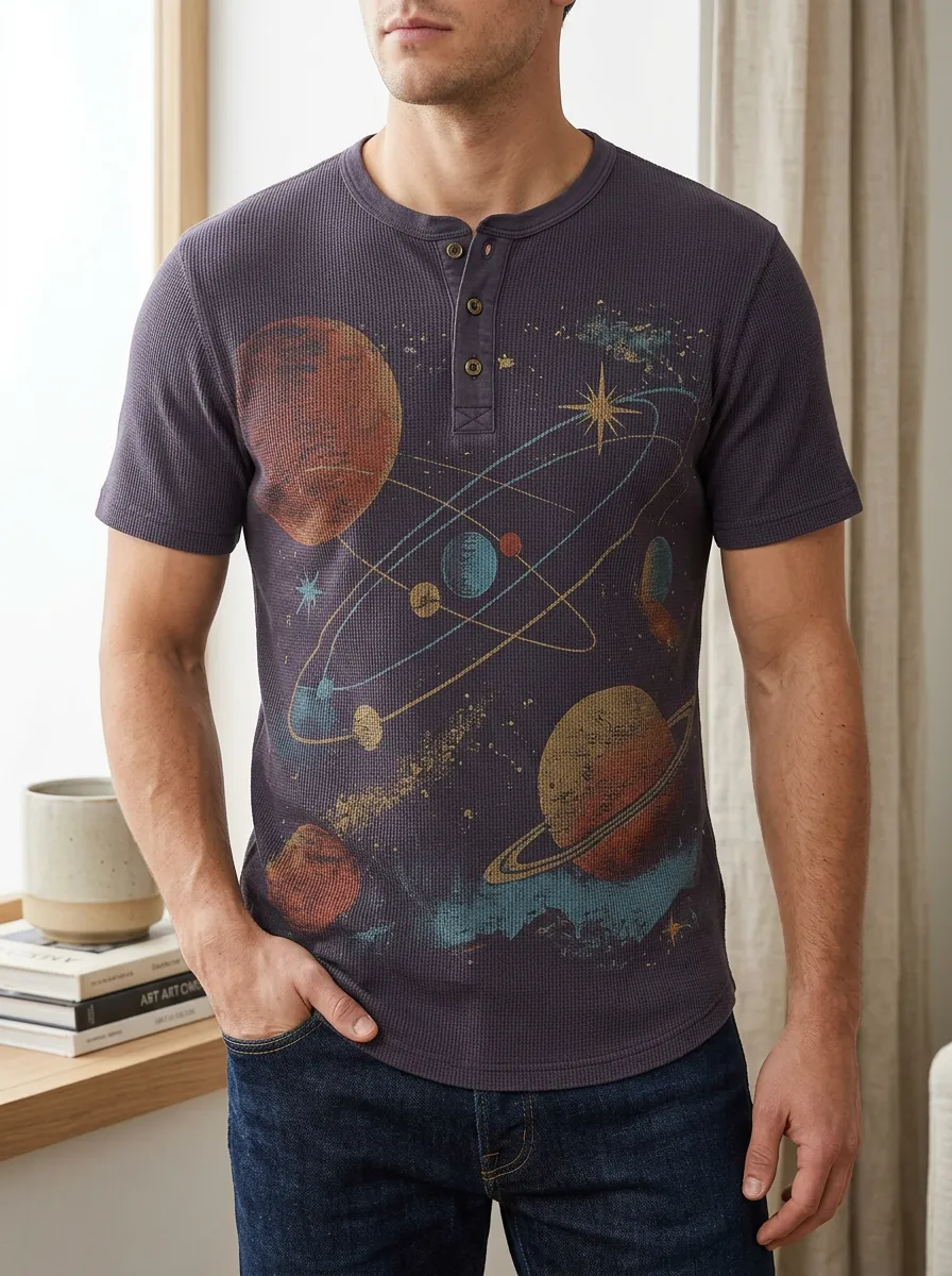 Men's Space Astronomy Lover Solar System Printed Henley T-Shirt