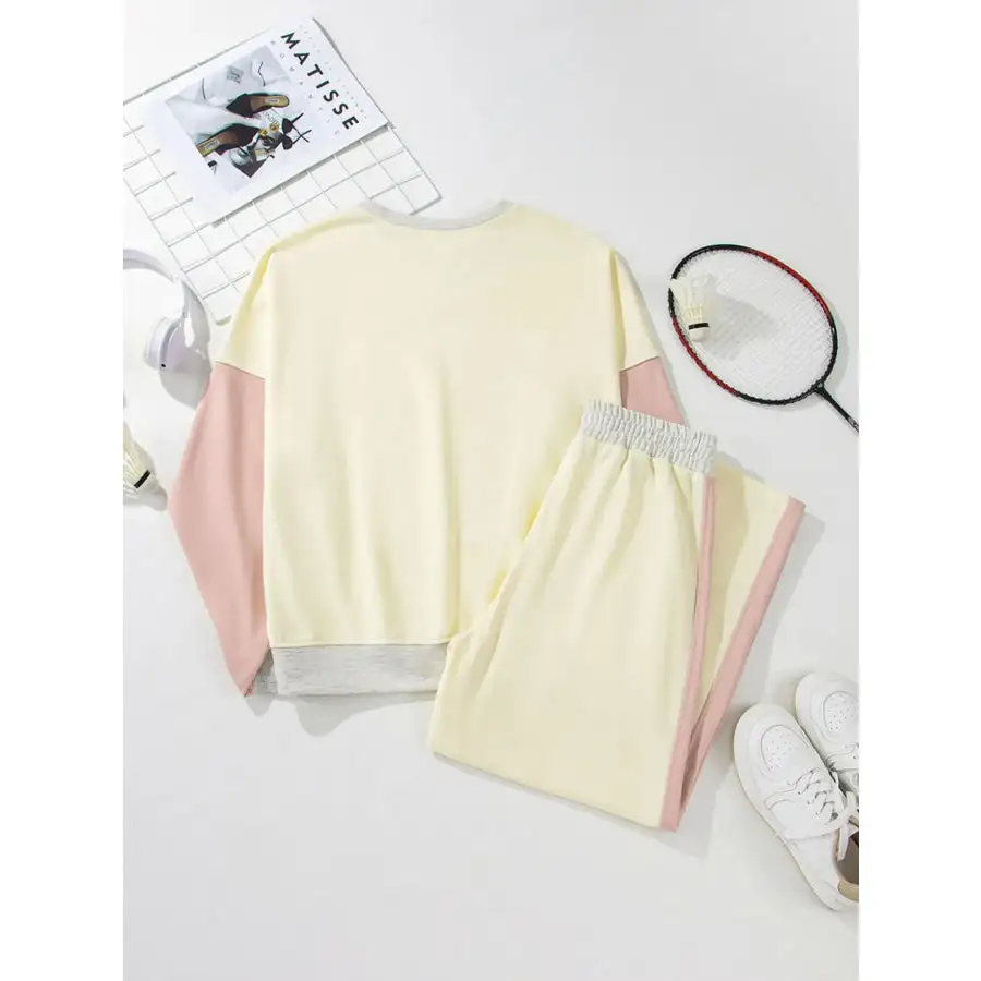 Block Round Neck Top and Pants Set