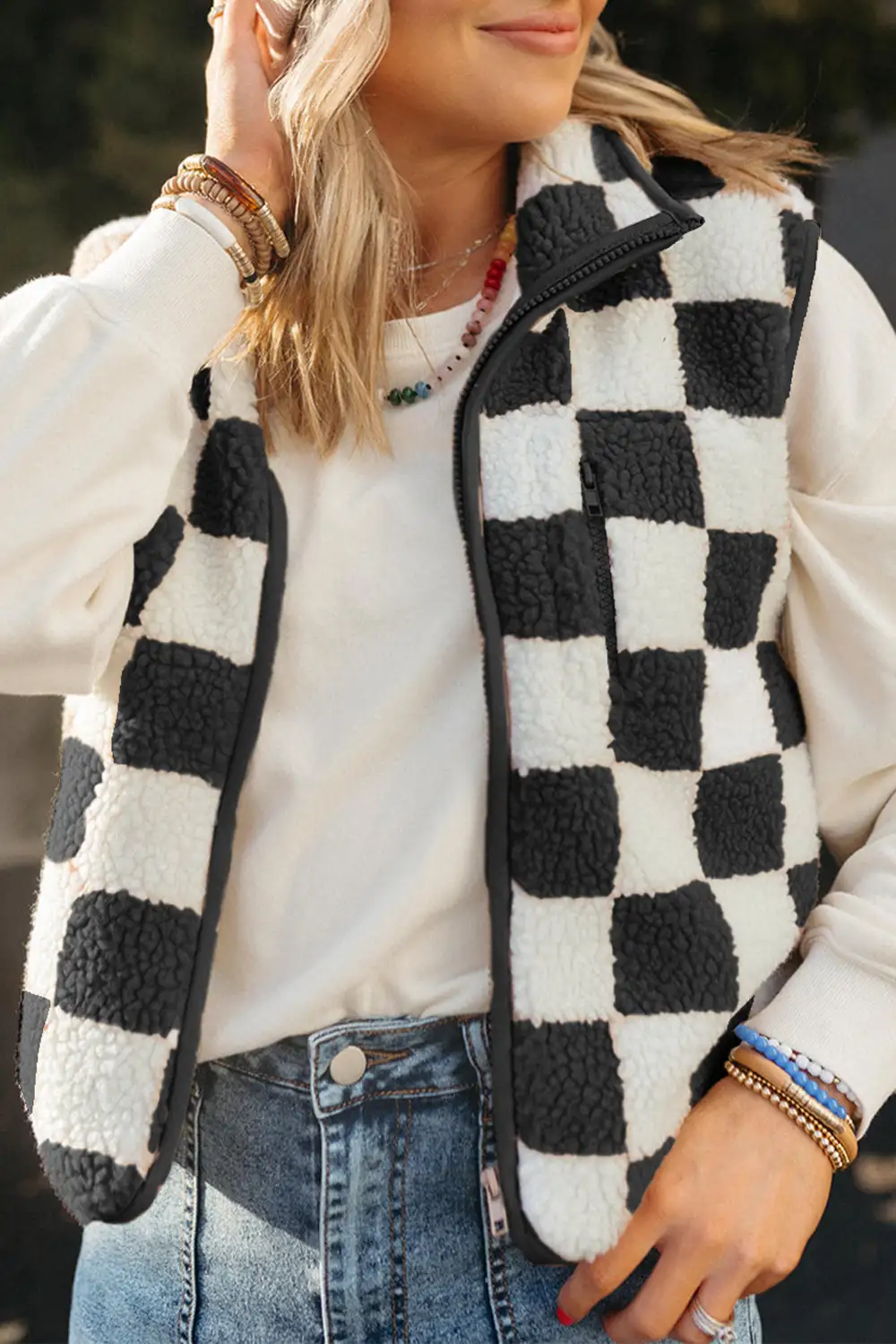 Checkered Collared Sherpa Vest