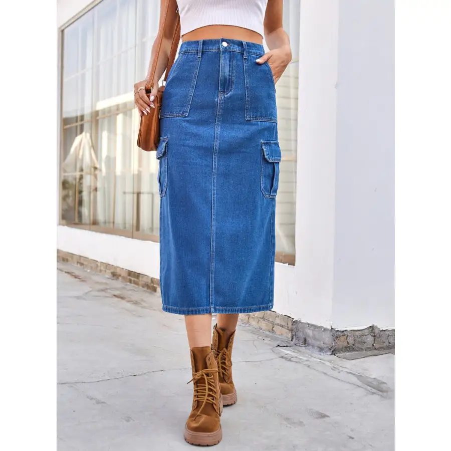 Modern Slit Midi Denim Skirt with Pockets