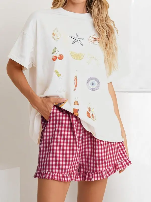 Women's Casual Lounge Sleep Plaid Ruffle Boxer Shorts Pajama Gingham Beach Bottoms Pockets