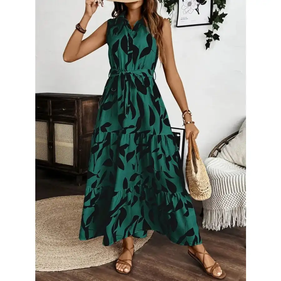 Printed Tie Waist Sleeveless Maxi Dress