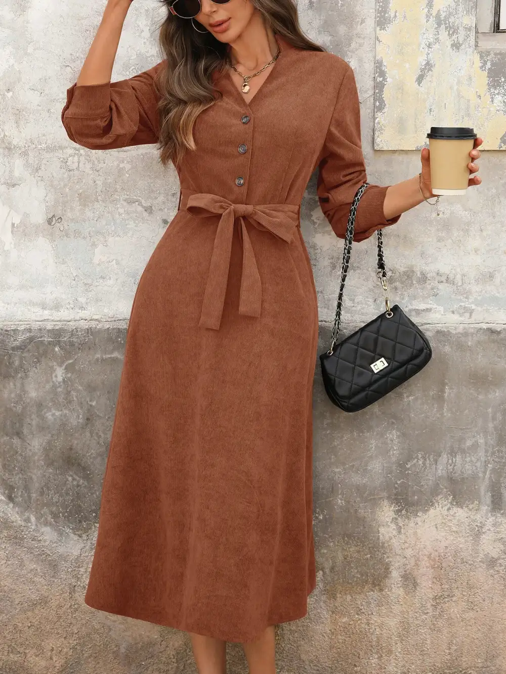 Button Front Tie Waist Long Sleeve Midi Dress