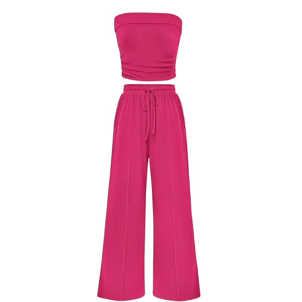 Women's Summer Outfits 2 Piece Sets Casual Ribbed Knit Crop Top & Wide Leg Pants
