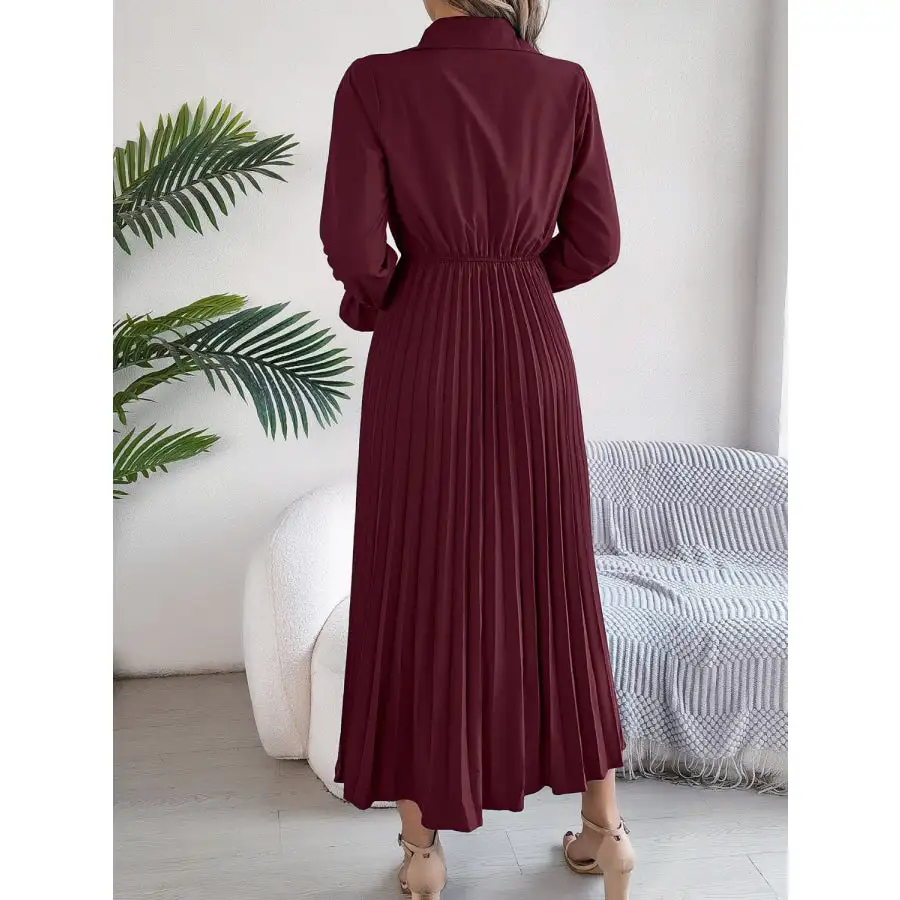 Pleated Half Button Long Sleeve Midi Dress