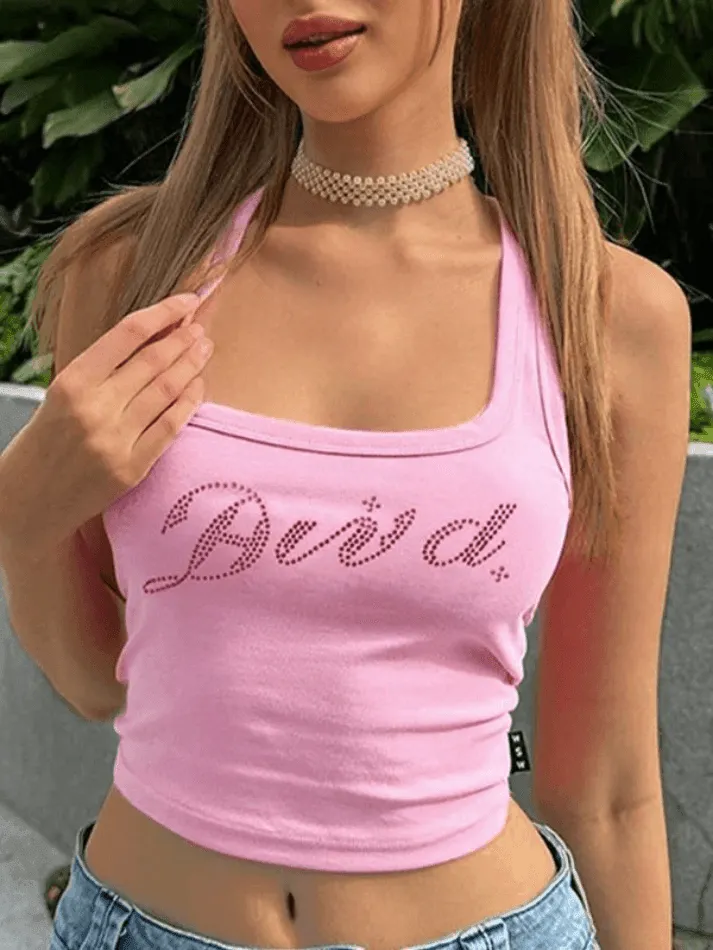 Square-Neck Rhinestone Cropped Slim-Fit Tank Top