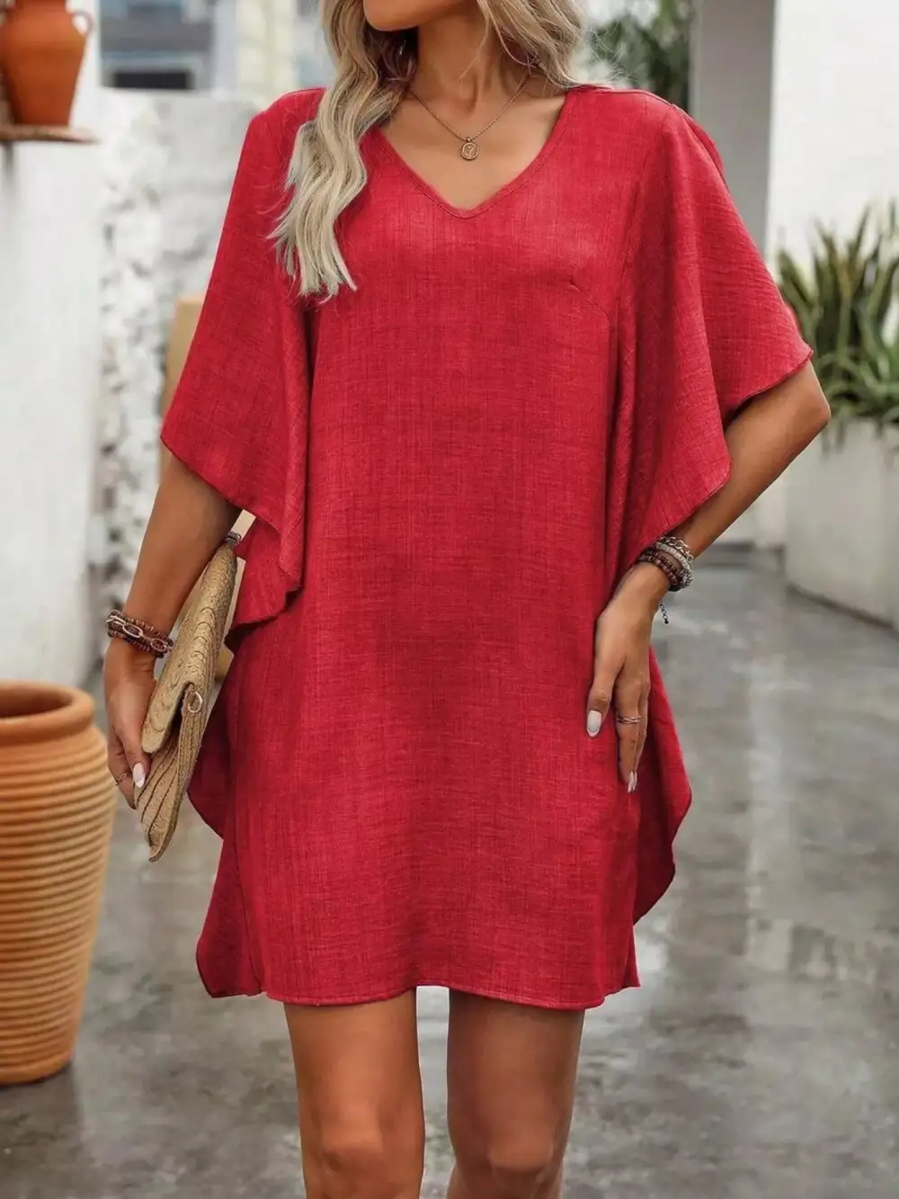 V-Neck Ruffled Mini Dress