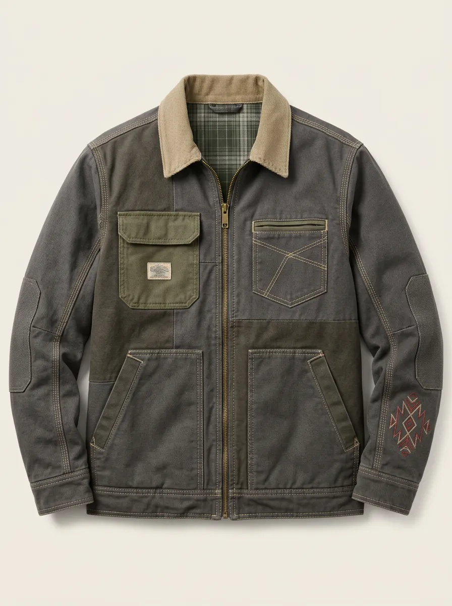 Men's Western Style Geometric Embroidered Patchwork Canvas Jacket