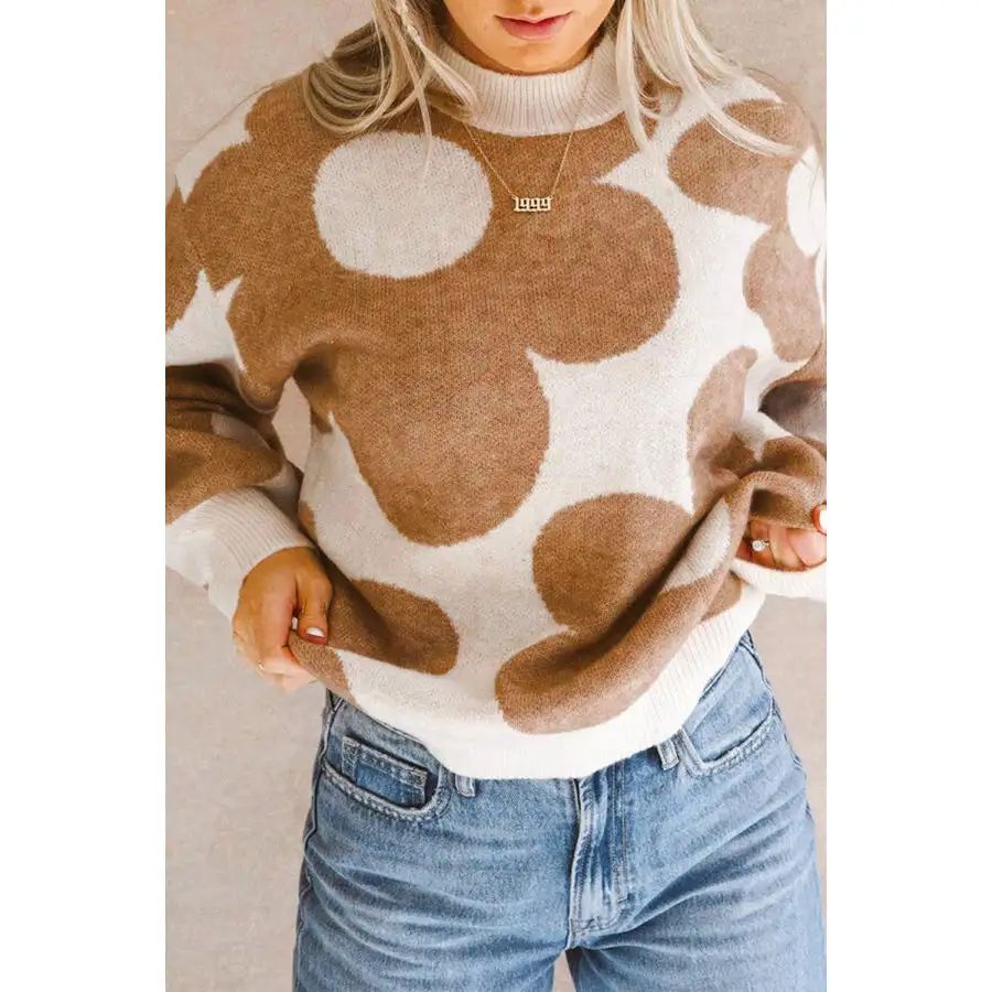 Contrast Flower Mock Neck Long Sleeve Sweater Long Sleeve Top