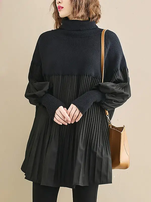 Paneled High Neck Pullover Sweater