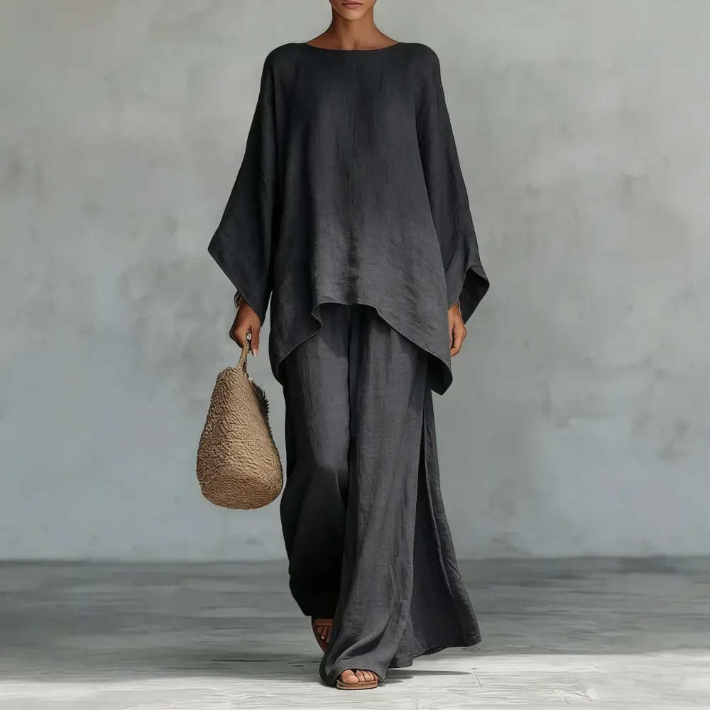 Boho Linen Summer Two-Piece Set – Wide Leg Pants & Batwing Top