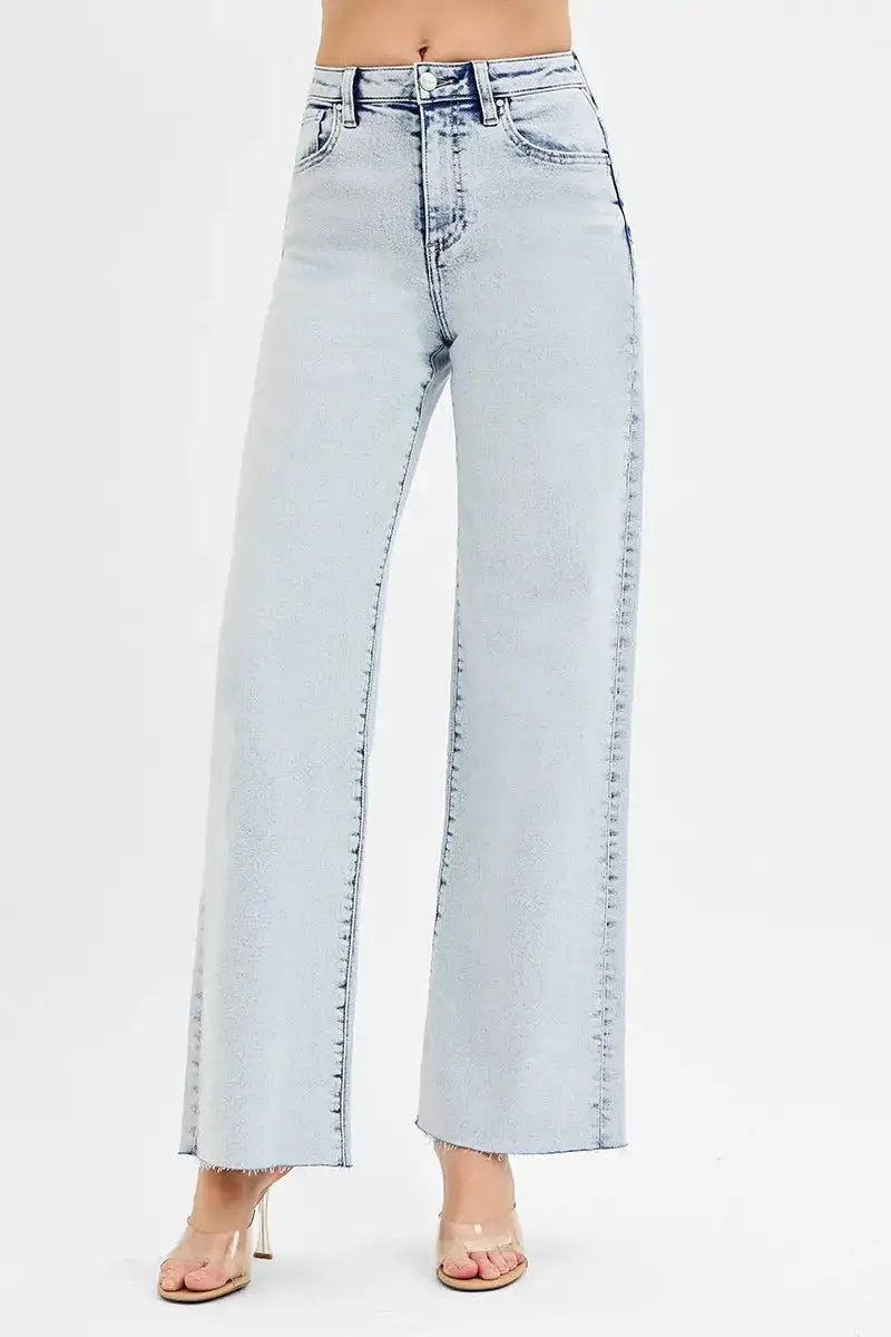 High Rise Raw Hem Wide Leg Jeans