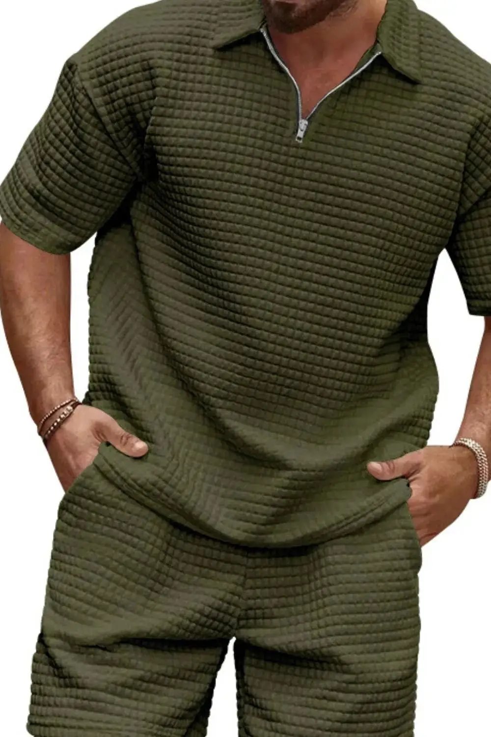 Zip Collar Short Sleeve Top and Shorts Set