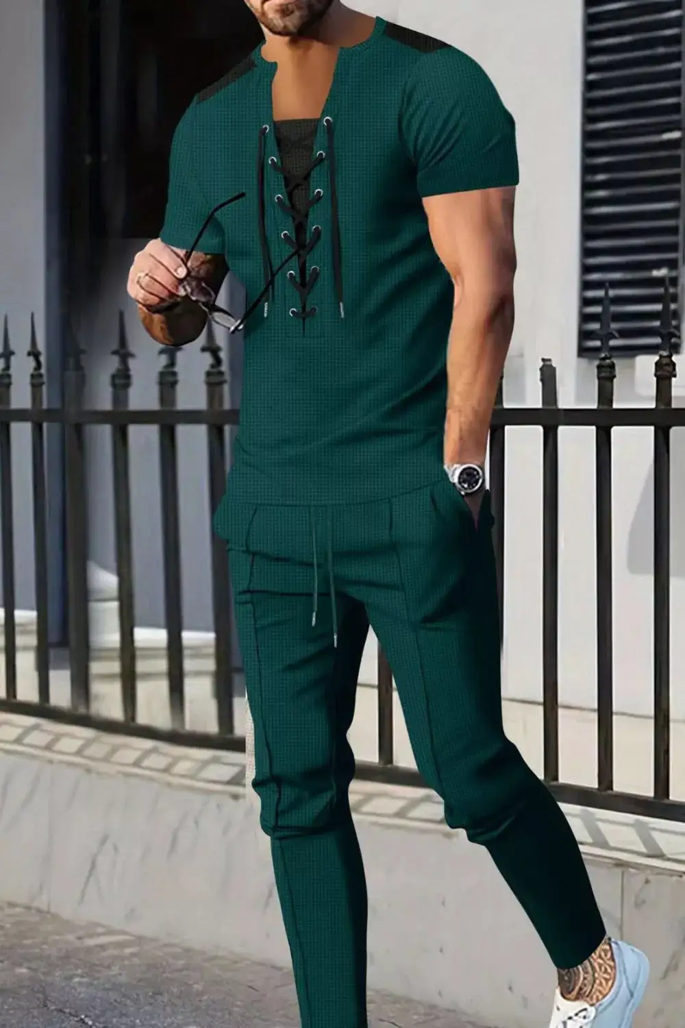 Men's Full Size Lace Up Front Top and Pants Set