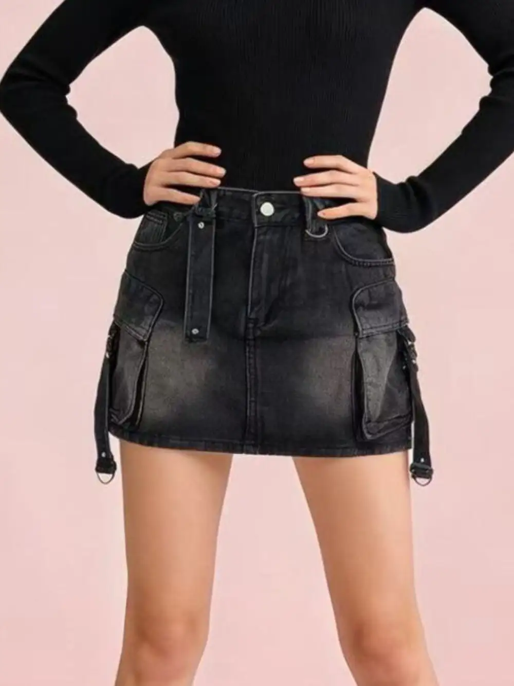 Washed Cargo Denim Skirt