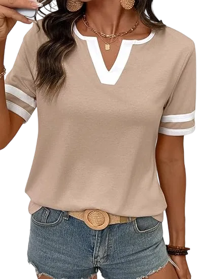 Spring/Summer Women's Casual Color Block V-Neck T-Shirt