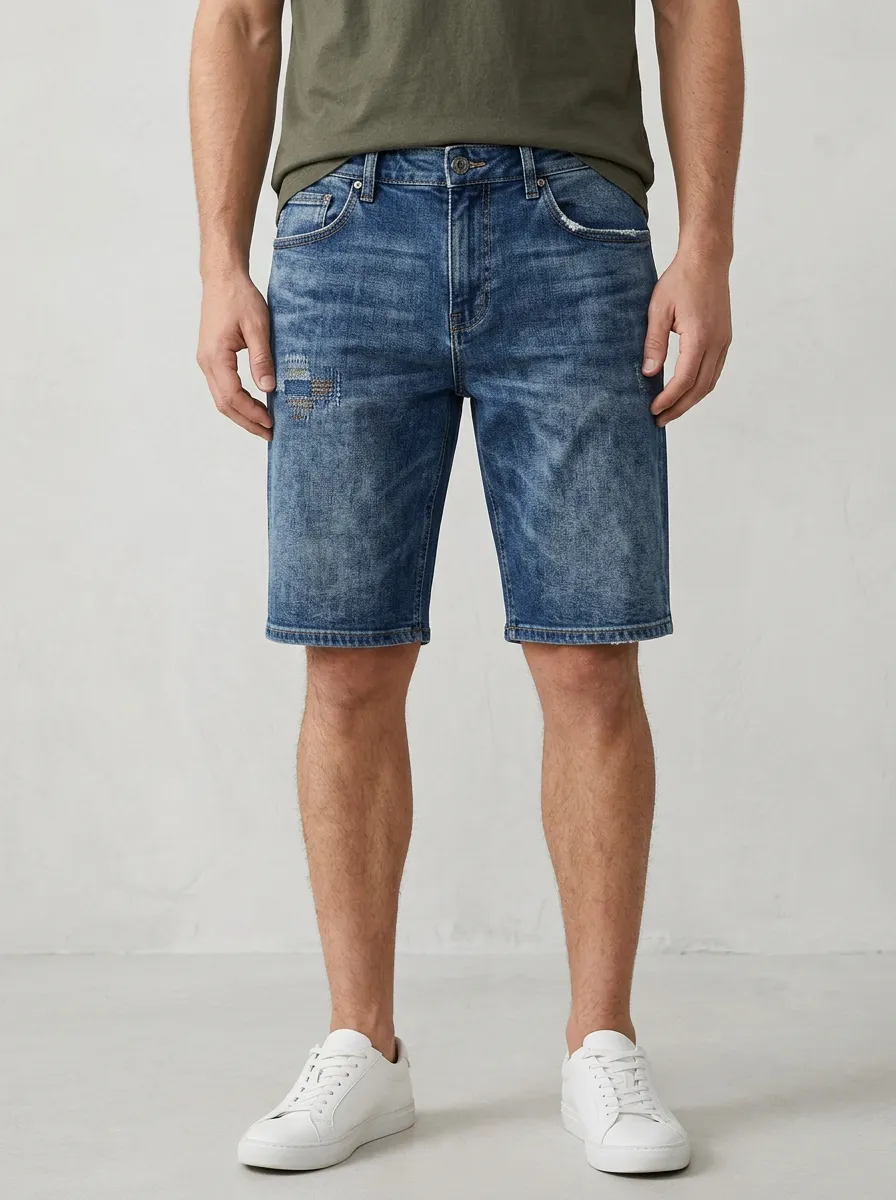 Men's Classic Patchwork Distressed Raw Hem Distressed Denim Shorts