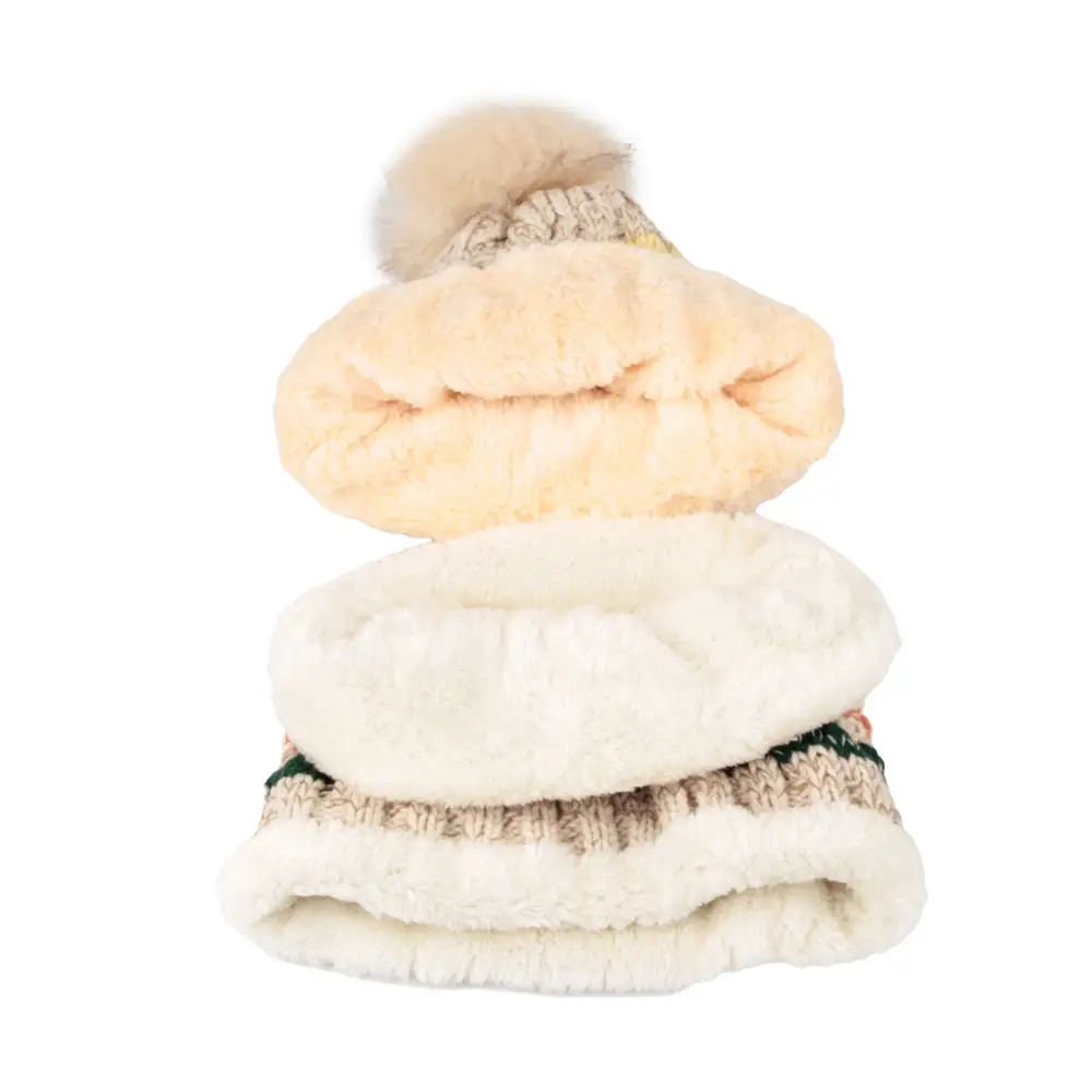 Knit Pom Pom Fleece Beanie Hat