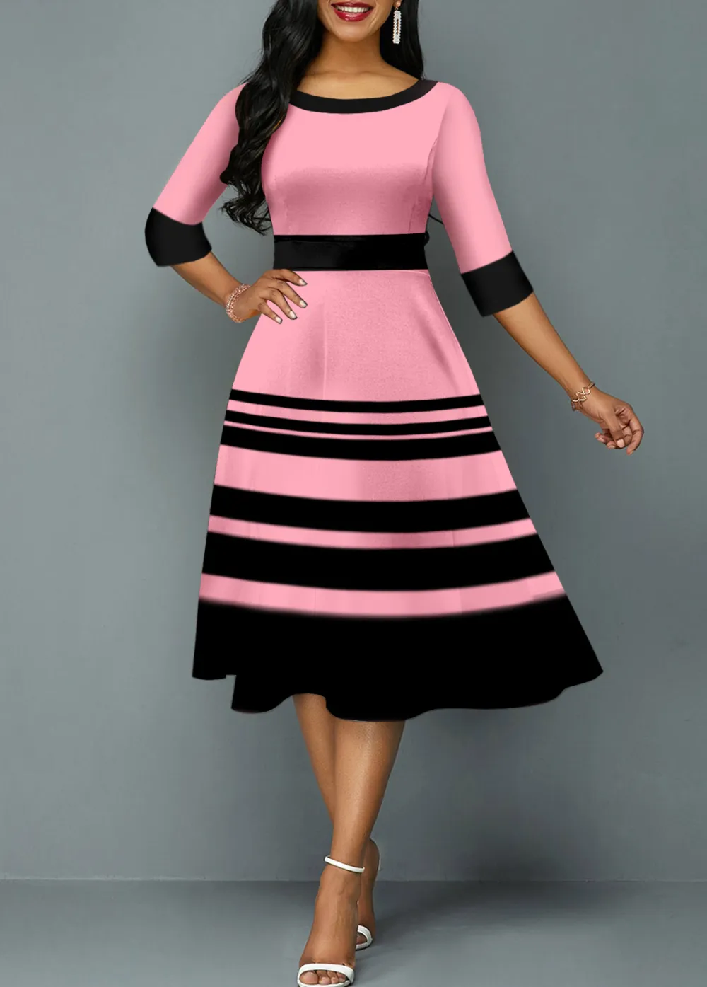 Pink Stripe Print Round Neck Dress