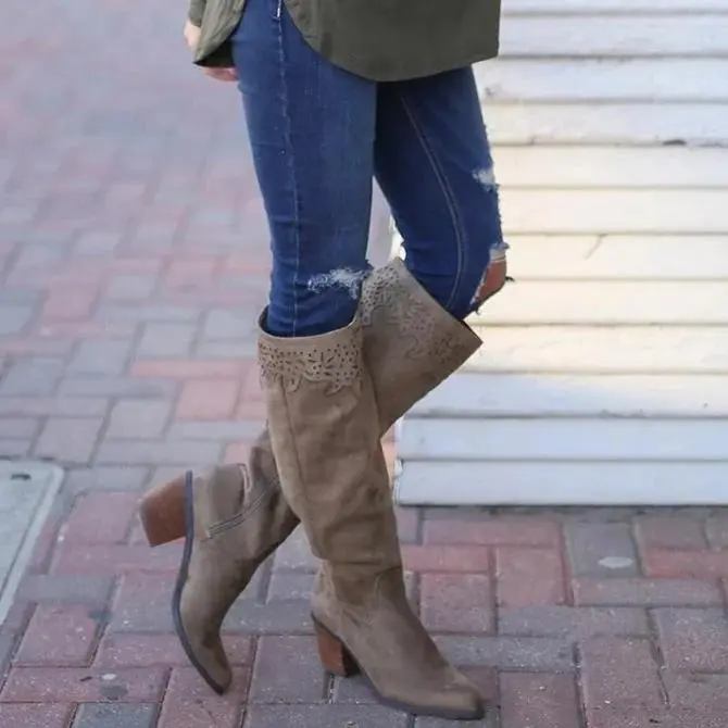 Winter Leather Block Heel Boots